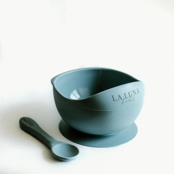 Silicone Suction Bowl & Spoon Set Blue - La Luna Kids